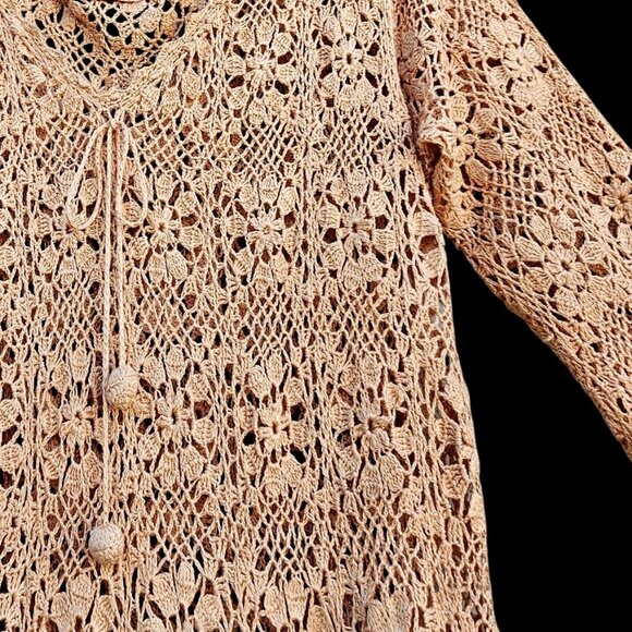 70s Hand Crochet Neutral Beige Maxi Floral Bell Sleeve Boho Volup XL–5X NWOT - Picture 12 of 12